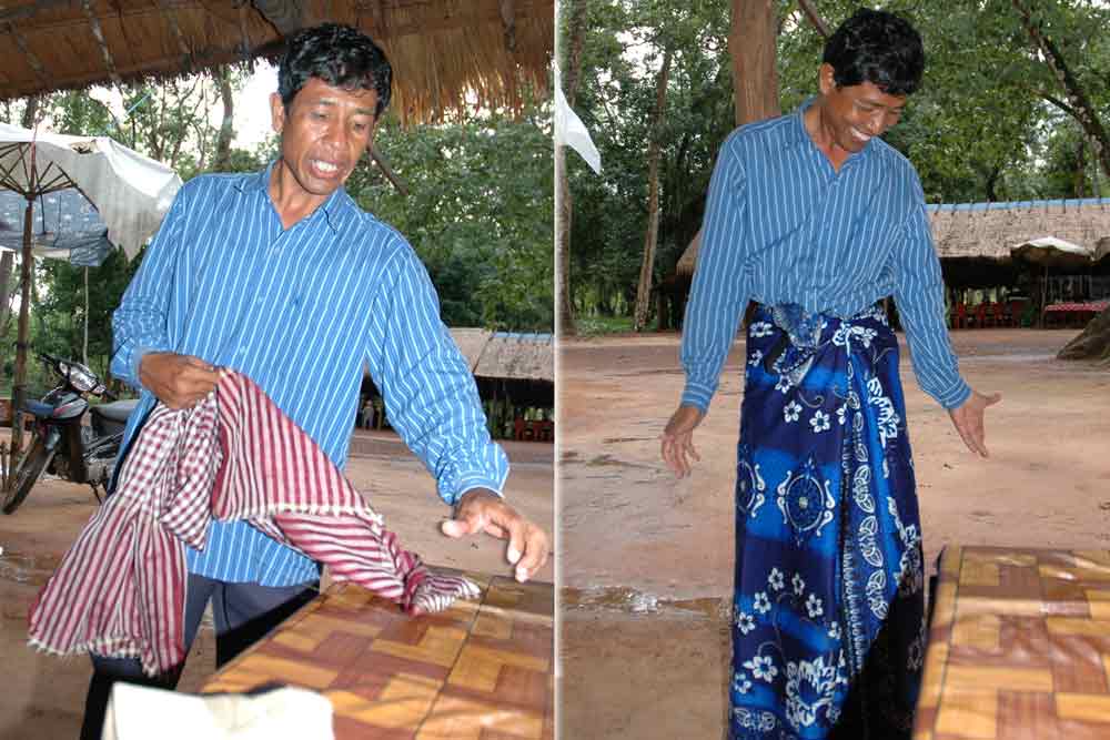 Savy erklaert die vielseitige Verwendbarkeit des Khmer-Schals krama und anderer traditioneller Tuecher.